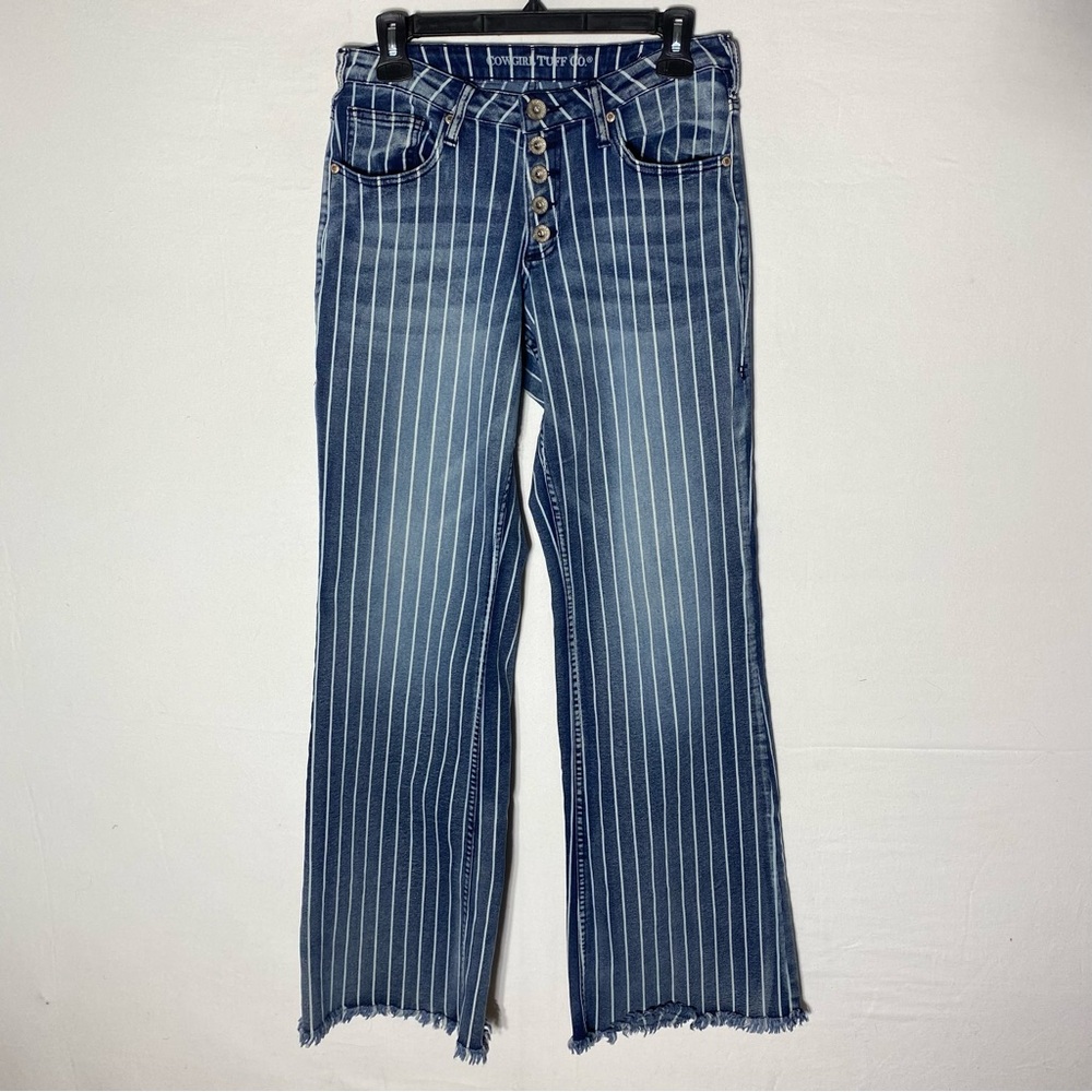 Vintage Cowgirl Tuff Blue White Striped Wide Leg Raw Hem Button Fly Jeans 27